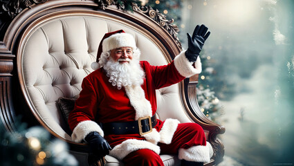 パネルの上で手を振るサンタクロースがクリスマスの温かさと親しみを伝えるシーン。生成AI