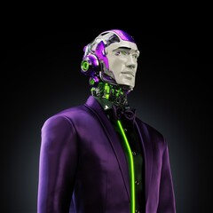 Futuristic humanoid robot in vibrant purple suit with neon green accents, showcasing advanced technology and modern design against a sleek, dark background for sci-fi theme