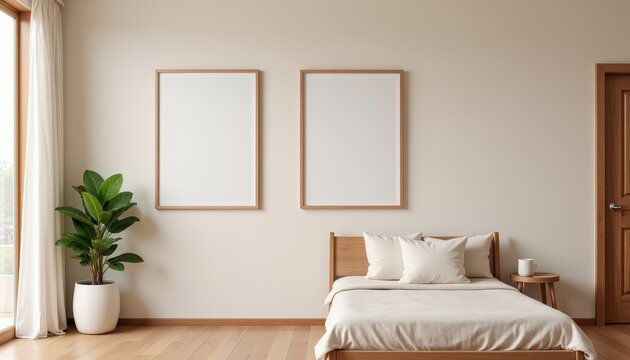 Minimalist bedroom with wooden furniture and twin posters on a neutral wall