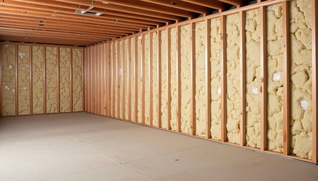 Insulated basement wall with exposed wooden beams and foam insulation panels