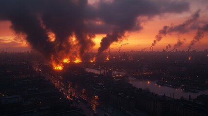 A dramatic cityscape at dusk with intense fires and heavy smoke rising into the evening sky, creating an apocalyptic scene.