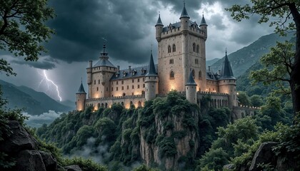 Fototapeta premium Medieval Castle Enveloped by Vines Against a Stormy Sky