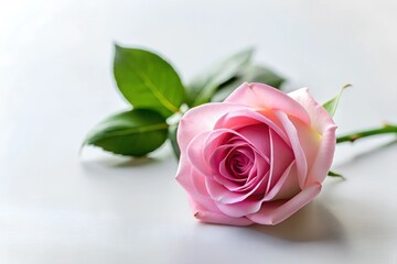 Fototapeta premium Beautiful pink rose with green leaves on a white background, highlighting the contrast and capturing the elegance of floral beauty.