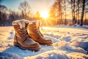 Pair of warm brown winter boots in the snow, illuminated by the early morning sun, evoking a cozy, rustic feel suited for seasonal and outdoor imagery.