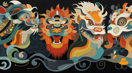 Obraz premium This artwork showcases the evolution of mythical creatures, presenting four vibrant designs that highlight their unique traits and cultural significance