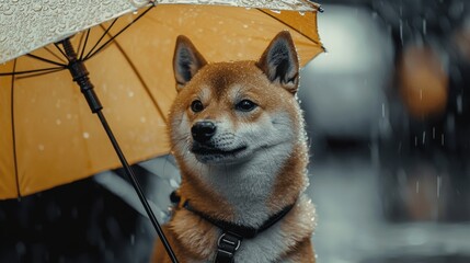 A small dog is standing under an umbrella, looking up at the camera