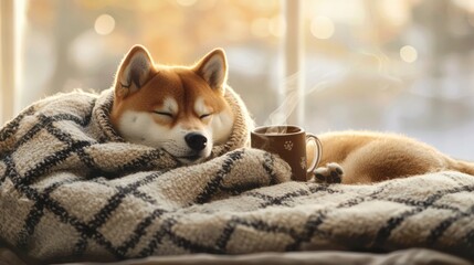A dog is sleeping on a blanket with a mug of coffee next to it