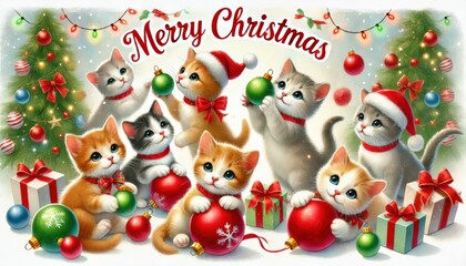Fototapeta premium Christmas card featuring a group of adorable kittens playing with colorful Christmas ornaments