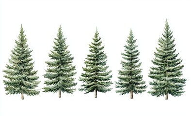 Winter forest illustration of firs and pines. Winter nature, holiday background, conifers, snow, outdoor, snowy rural landscape. Mysterious fir or pine trees as winter Christmas decorations.