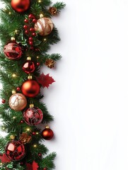 Christmas garland with red and gold baubles, berries, and pinecones on a white background.