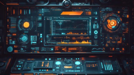 Fototapeta premium Futuristic control panel with data visualizations and interactive elements.