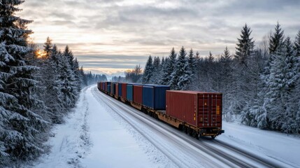 A freight train adorned with colorful containers moves through a snow-covered forest along a frozen lake in British Columbia's winter beauty