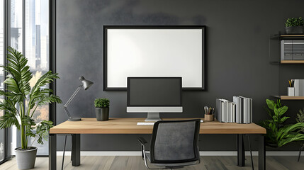 A black-framed horizontal mirror on a dark gray wall above a modern desk setup with a computer, lamp, and potted plant.