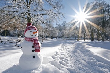 Obraz premium Funny snowman with stylish hat and yellow scalf on snowy field. Merry Christmas and happy new year!