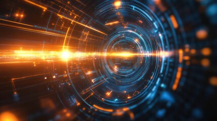 Abstract digital tunnel with glowing lines and circular patterns, suggesting technology and motion.