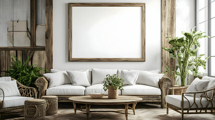 A horizontal wooden-framed mirror on a white wall above a cream sofa with white cushions and a vase of flowers.