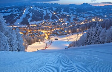 A winter afternoon in St. Anton am Arlberg, Austria, with snowy mountains covered with pine trees in the background, St. Anton am Arlberg is a great ski resort town.
