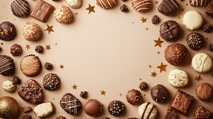 Assorted holiday sweets and chocolates in a round frame on a soft beige background, scattered golden stars around the empty center