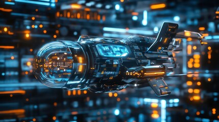A futuristic spaceship design with a sleek, high-tech appearance in a digital environment.