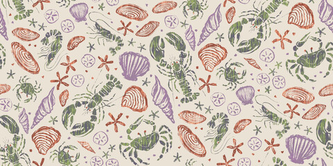 Vintage seamless pattern with lobsters, crabs, oysters and shimps. Retro seamless pattern of seafood.