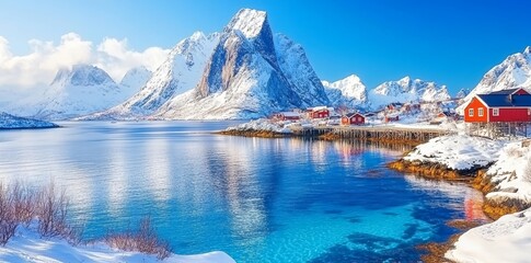 An aerial aerial photography of Lofoten Islands, one of the most popular tourist destinations in...