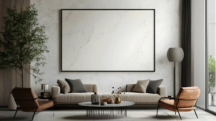 A horizontal black-framed mirror mounted on a marble wall above a beige sofa with neutral-toned cushions and a round coffee table.