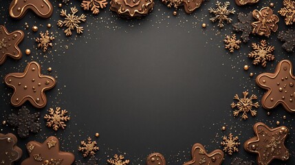 Circular gingerbread cookie frame with snowflake details, on a charcoal gray background with twinkling gold stars
