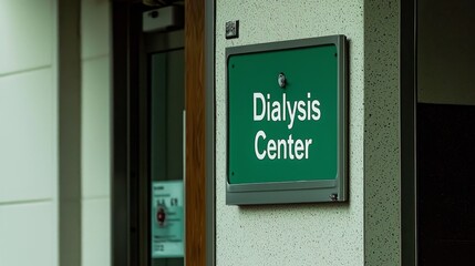 A green sign with white lettering reads "Dialysis Center" mounted on a building.