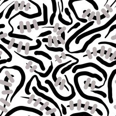 Seamless abstract geometric pattern. Background in black, grey, white. Illustration. Lines, meanders. Design for textile fabrics, wrapping paper, background, wallpaper, cover.