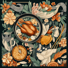 A vibrant arrangement showcases roast duck alongside Khanom Chan, surrounded by lush florals and traditional motifs, creating a culturally rich and inviting display