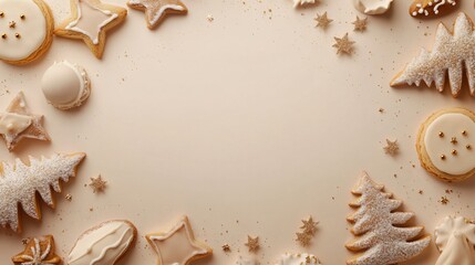 Holiday cookie and truffle frame with stars and trees, on a soft beige background with golden sparkles around the empty center