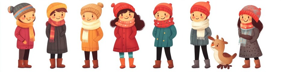 Characters wearing modern warm apparel in modern winter clothes. Men and women dressed in winter outfits, jackets, scarves, hats. Flat graphic modern illustration isolated on white.