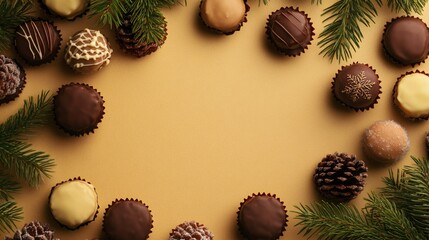 Round frame of holiday bonbons on a rich gold background, with delicate pine branches and a central copy space