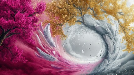 A magenta and gold tree with feathers transitioning from silver to coral, dewdrops floating into a vortex with mist.