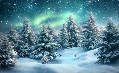 Fototapeta premium A gorgeous winter landscape with a snow-capped pine tree and aurora borealis (northern lights). Beautiful night scene with polar lights.