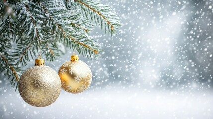 Beautiful Christmas tree background with Christmas tree branches and gold Christmas tree toys