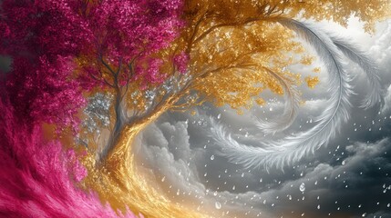 A magenta and gold tree with feathers transitioning from silver to coral, dewdrops floating into a vortex with mist.