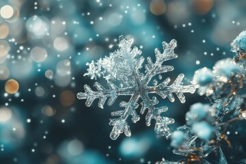 Winter wonderland with falling snowflakes and bokeh lights.