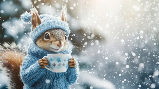 A cheerful cute squirrel with a knitted hat drinks cocoa from a cup in a snowy forest with fir trees and colorful lights. Stock image for the New Year holidays.