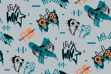 Gamepad pattern on grey background. Gaming print with linear gamepads and graffiti words Fun, My game, new level