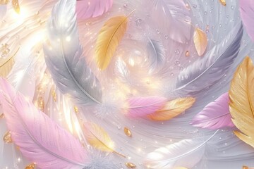 A modern 3D mural of pastel pink and gold leaves, feathers fading from silver to violet, dewdrops glowing under light rays, swirling into a glitchy vortex.