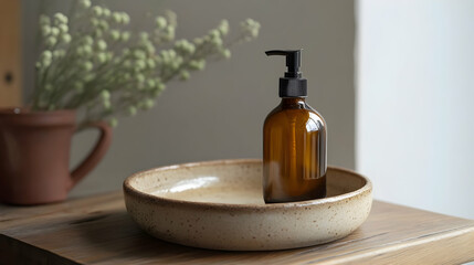 A stylish amber soap dispenser placed on a ceramic dish surrounded by greenery for a refreshing, natural aesthetic.