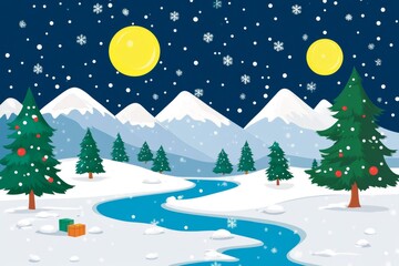 Fototapeta premium The scene shows a beautiful winter lake surrounded by mountains and a forest with snowdrifts, high mountains in a blue sky with large clouds in the background.