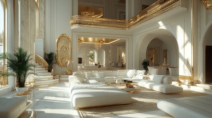 Fototapeta premium A grand, luxurious living room with white walls, gold accents, and a sweeping staircase.