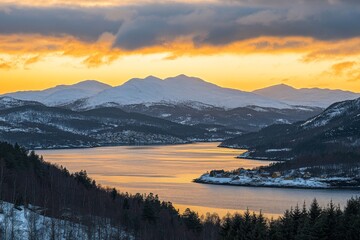 Fototapeta premium During the winter in Norway, Nordland, view of Mefjorden and surrounding mountains