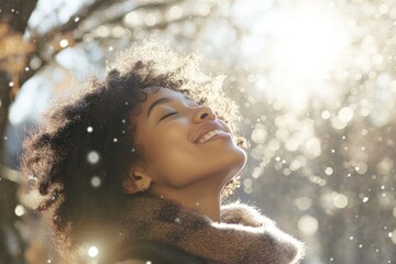 A Latin woman enjoys the winter season while breathing calmly