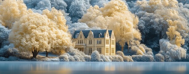 A beautiful winter landscape with snow, a wooden cottage by the river, and generative AI are blended together