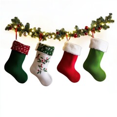 Christmas garland with red and gold baubles, berries, and pinecones on a white background.