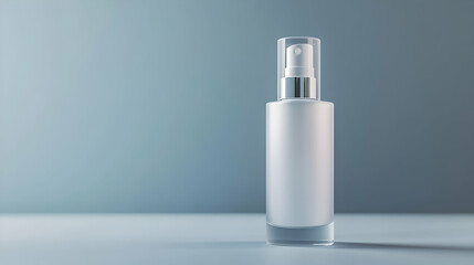A frosted white spray bottle styled against a blue background with soft lighting, creating a clean and elegant minimalist design.