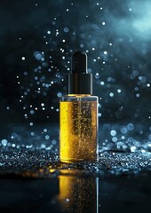 A bottle of perfume is sitting on a table with a lot of sparkles around it